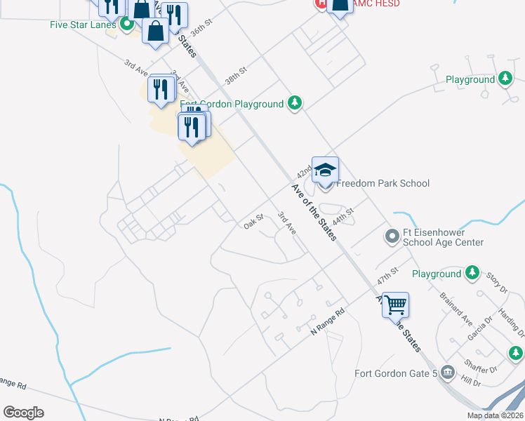 map of restaurants, bars, coffee shops, grocery stores, and more near 5 Oak Street in Augusta