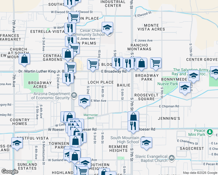 map of restaurants, bars, coffee shops, grocery stores, and more near 4444 South 5th Street in Phoenix