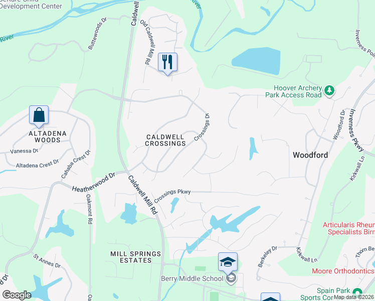 map of restaurants, bars, coffee shops, grocery stores, and more near 3176 Crossings Drive in Birmingham