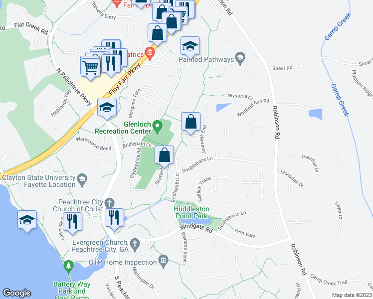 map of restaurants, bars, coffee shops, grocery stores, and more near 109 Gelding Garth in Peachtree City