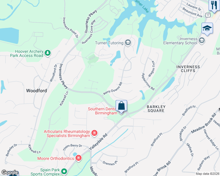 map of restaurants, bars, coffee shops, grocery stores, and more near 5044 Kerry Downs Road in Birmingham