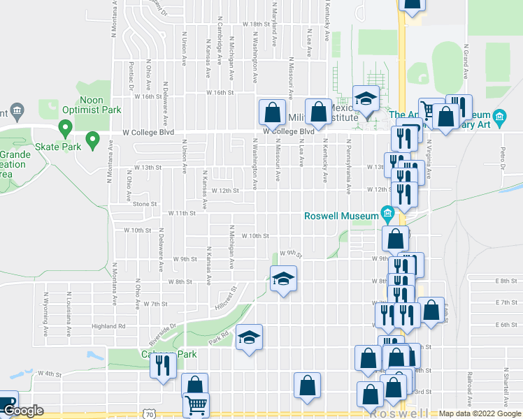 map of restaurants, bars, coffee shops, grocery stores, and more near 607 West 11th Street in Roswell