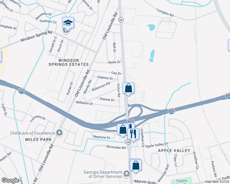 map of restaurants, bars, coffee shops, grocery stores, and more near 1915 Moore Road in Augusta