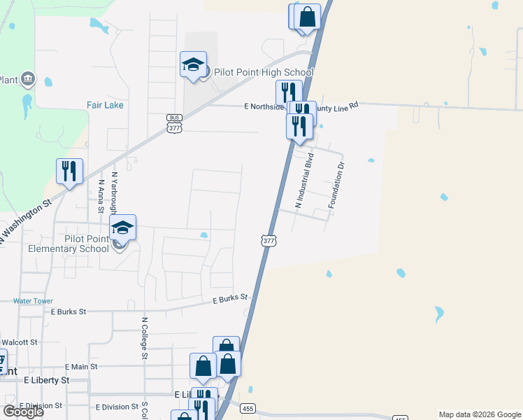 map of restaurants, bars, coffee shops, grocery stores, and more near 930 U.S. 377 in Pilot Point