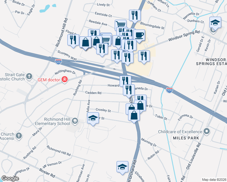 map of restaurants, bars, coffee shops, grocery stores, and more near 2116 Howard Road in Augusta