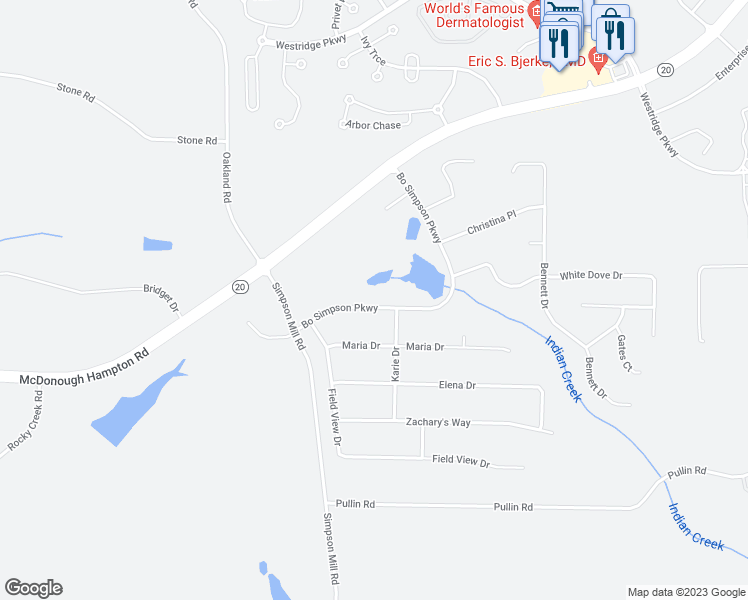 map of restaurants, bars, coffee shops, grocery stores, and more near 194 Bo Simpson Parkway in McDonough