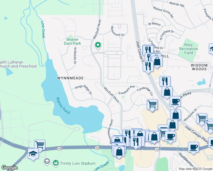 map of restaurants, bars, coffee shops, grocery stores, and more near 730 Gittings Avenue in Peachtree City