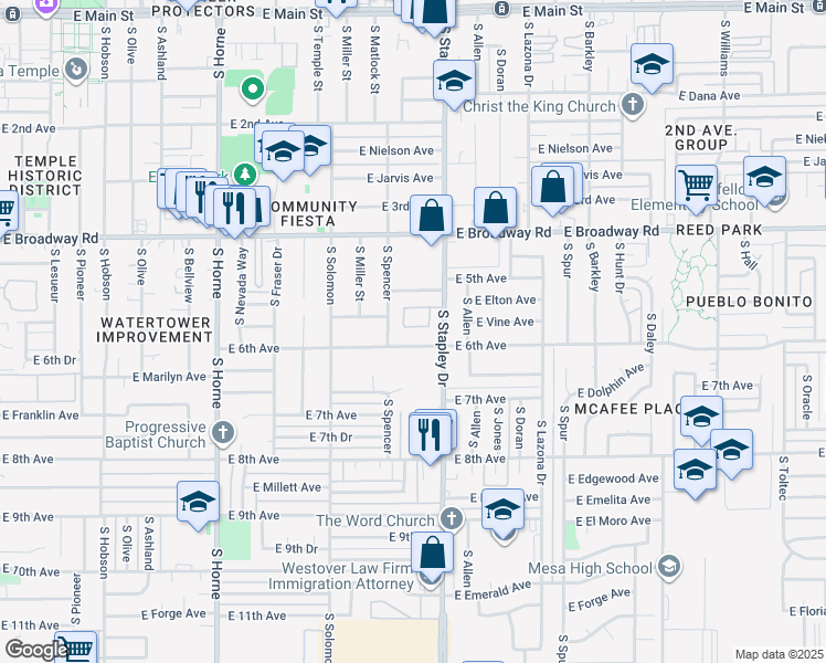 map of restaurants, bars, coffee shops, grocery stores, and more near 531 South Spencer in Mesa