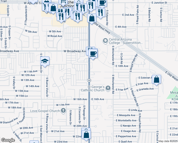 map of restaurants, bars, coffee shops, grocery stores, and more near 1000 S Idaho Rd in Apache Junction