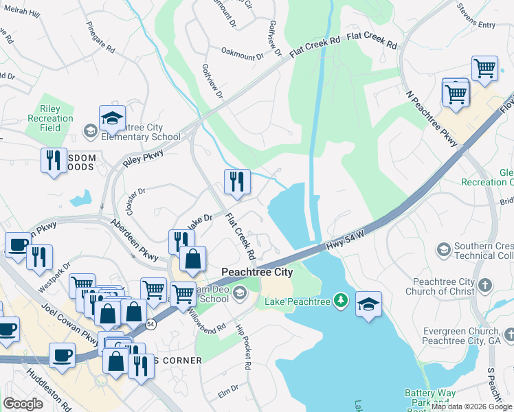 map of restaurants, bars, coffee shops, grocery stores, and more near 1 Northlake Circle in Peachtree City