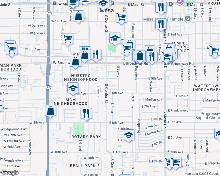 map of restaurants, bars, coffee shops, grocery stores, and more near 19 East Vine Avenue in Mesa