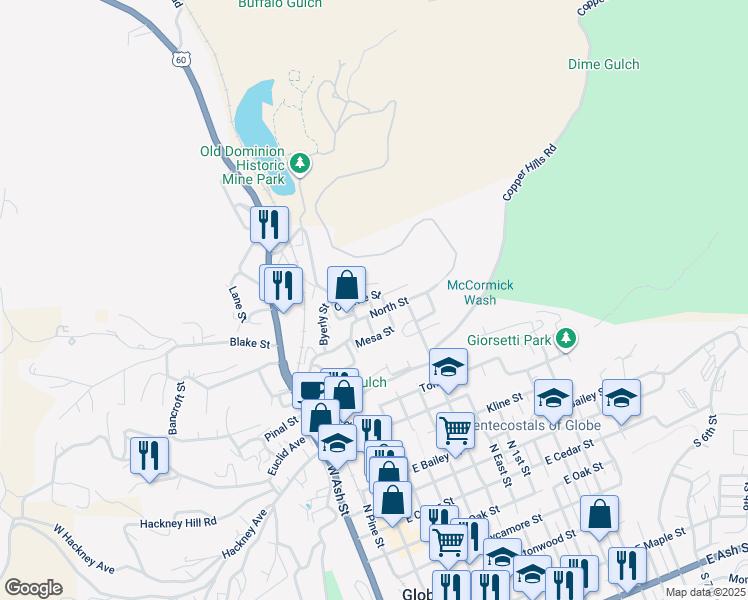 map of restaurants, bars, coffee shops, grocery stores, and more near 400-458 Cuprite Street in Globe