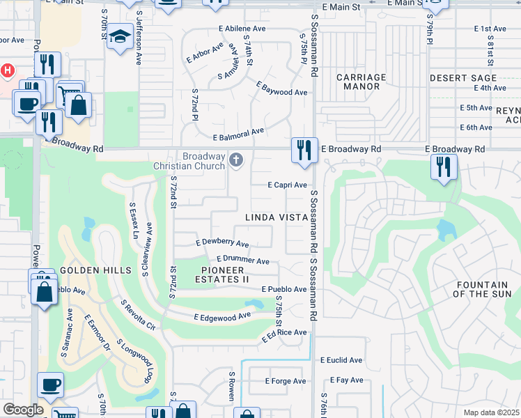 map of restaurants, bars, coffee shops, grocery stores, and more near 7447 East Carol Circle in Mesa