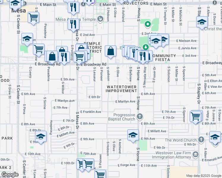map of restaurants, bars, coffee shops, grocery stores, and more near 526 South Olive in Mesa