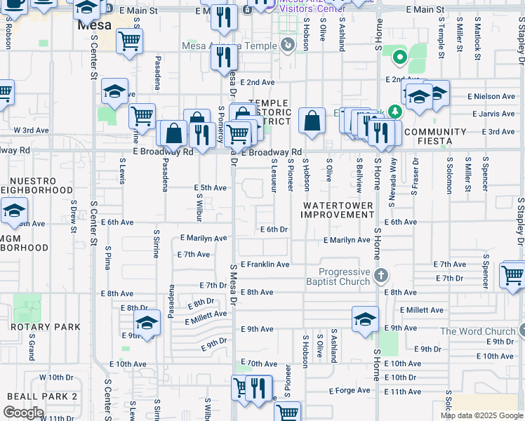 map of restaurants, bars, coffee shops, grocery stores, and more near 463 East Vine Avenue in Mesa