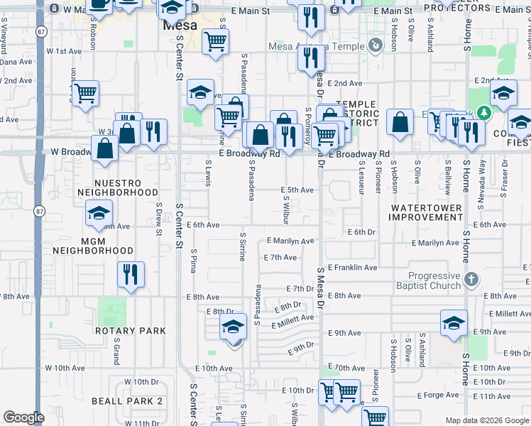 map of restaurants, bars, coffee shops, grocery stores, and more near 537 South Pasadena in Mesa