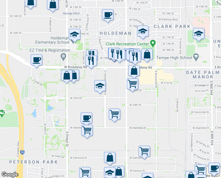 map of restaurants, bars, coffee shops, grocery stores, and more near 2141 South Industrial Park Avenue in Tempe