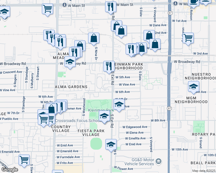 map of restaurants, bars, coffee shops, grocery stores, and more near 542 South Extension Road in Mesa