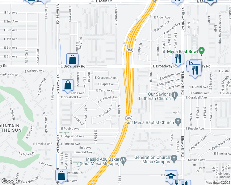 map of restaurants, bars, coffee shops, grocery stores, and more near 8751 East Carol Avenue in Mesa