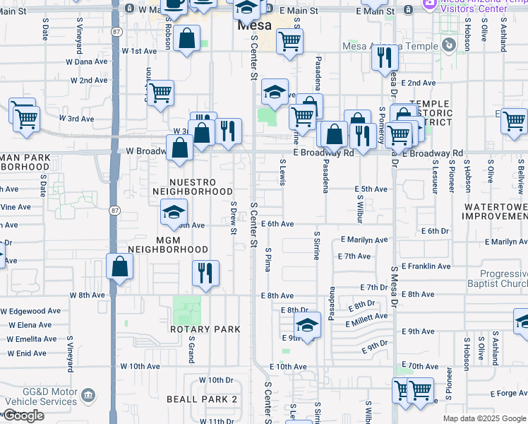 map of restaurants, bars, coffee shops, grocery stores, and more near 19 East Vine Avenue in Mesa