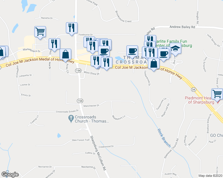 map of restaurants, bars, coffee shops, grocery stores, and more near 214 Manchester Drive in Newnan