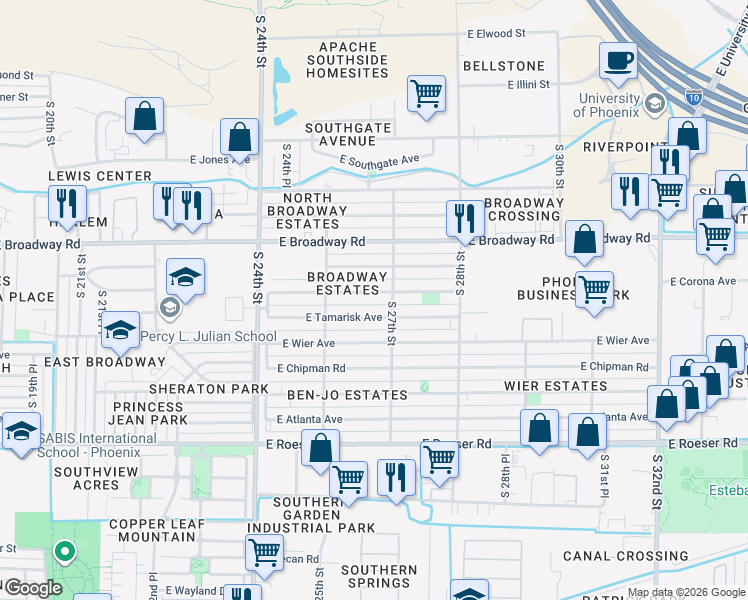 map of restaurants, bars, coffee shops, grocery stores, and more near 2545 East Marguerite Avenue in Phoenix