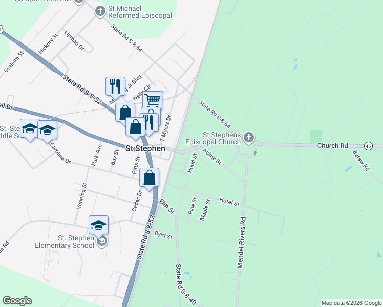 map of restaurants, bars, coffee shops, grocery stores, and more near 132 South Carolina 45 in Saint Stephen