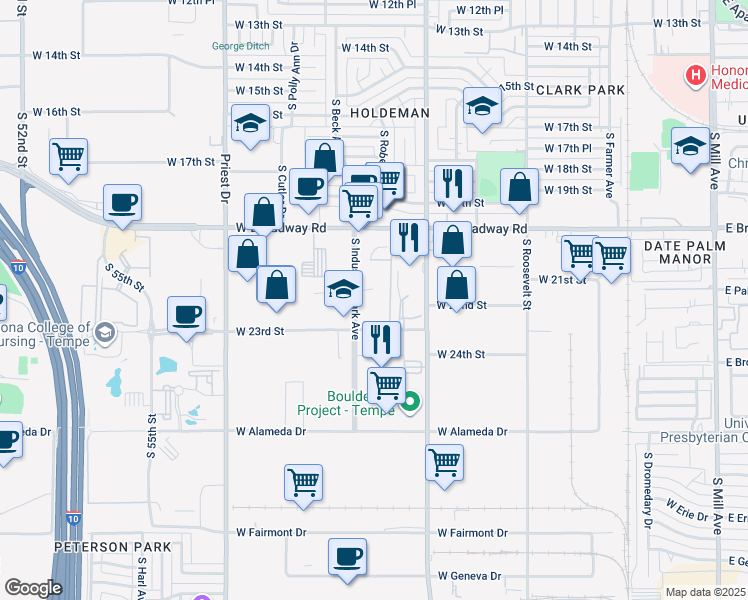 map of restaurants, bars, coffee shops, grocery stores, and more near 2141 South Industrial Park Avenue in Tempe