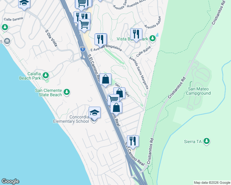 map of restaurants, bars, coffee shops, grocery stores, and more near 120 Avenida Santa Inez in San Clemente