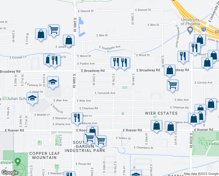 map of restaurants, bars, coffee shops, grocery stores, and more near 2545 East Marguerite Avenue in Phoenix