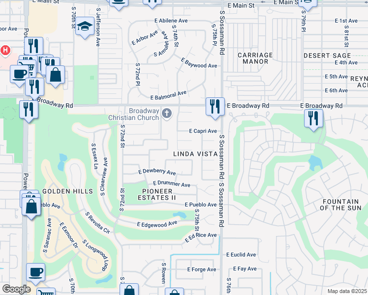 map of restaurants, bars, coffee shops, grocery stores, and more near 7447 East Carol Circle in Mesa