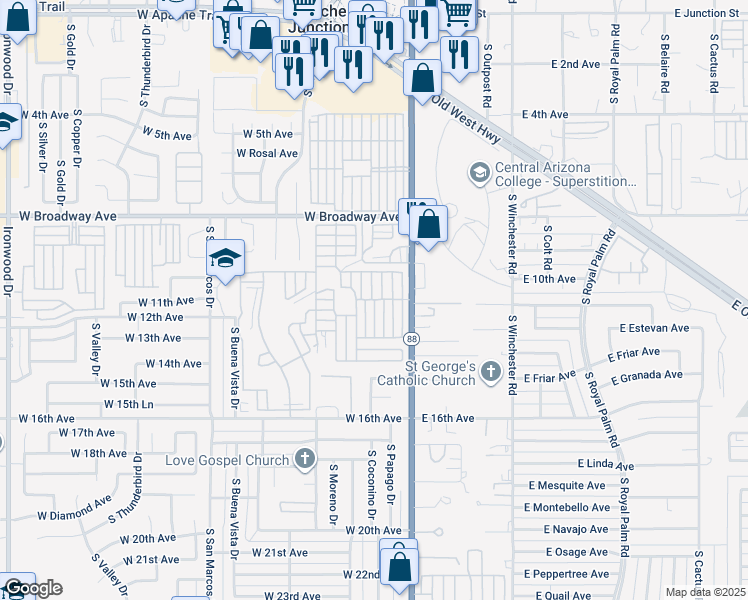 map of restaurants, bars, coffee shops, grocery stores, and more near Shoshone Drive in Apache Junction