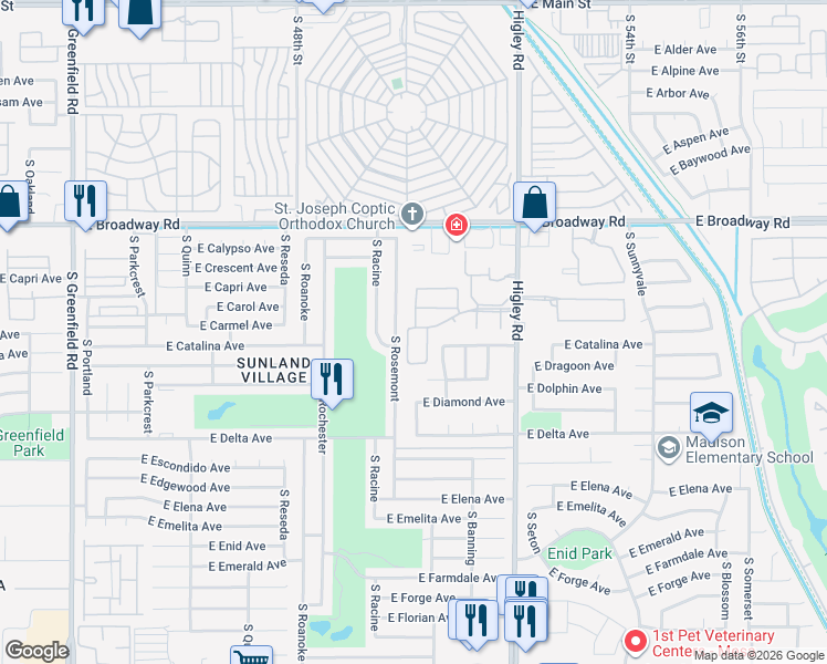 map of restaurants, bars, coffee shops, grocery stores, and more near 542 South Higley Road in Mesa