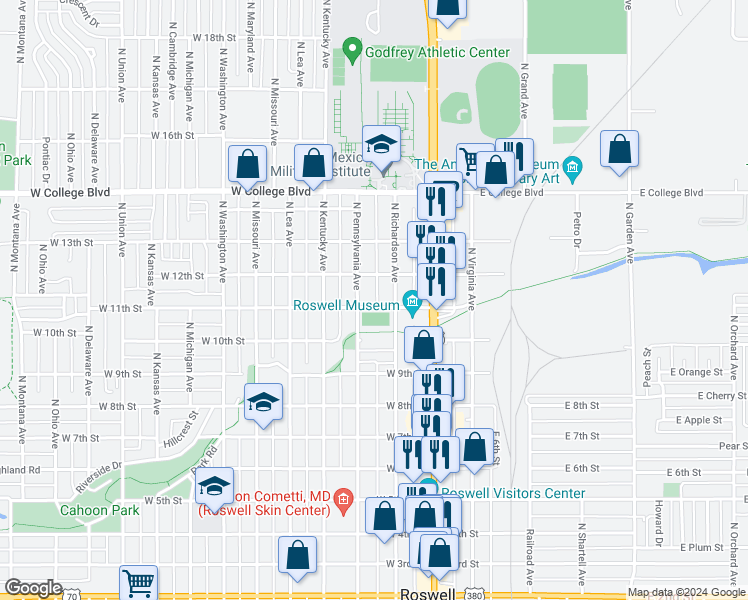 map of restaurants, bars, coffee shops, grocery stores, and more near 209 West 11th Street in Roswell