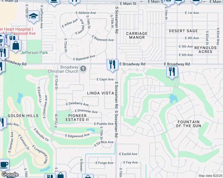 map of restaurants, bars, coffee shops, grocery stores, and more near 544 South 76th Place in Mesa