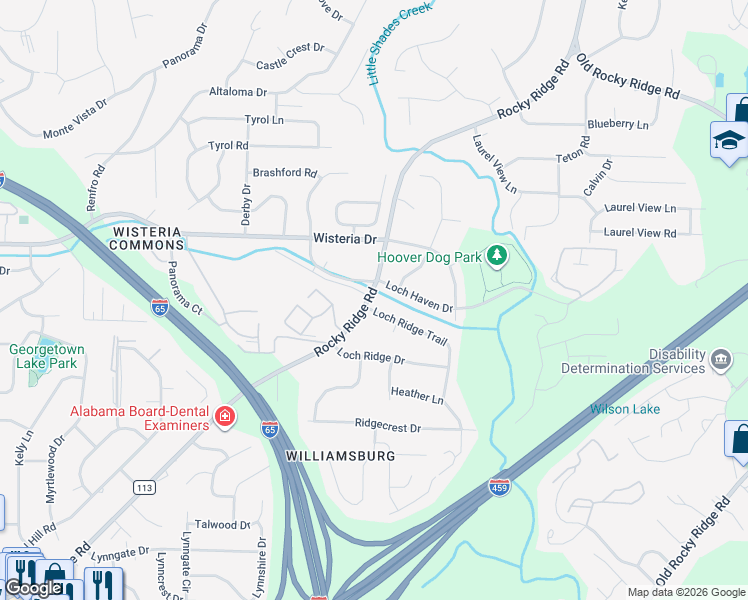 map of restaurants, bars, coffee shops, grocery stores, and more near 3405 Loch Ridge Trail in Birmingham