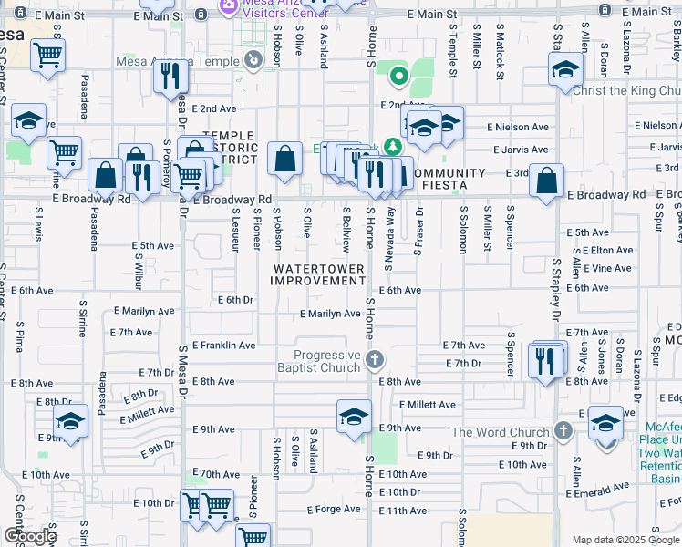 map of restaurants, bars, coffee shops, grocery stores, and more near 542 South Bellview in Mesa