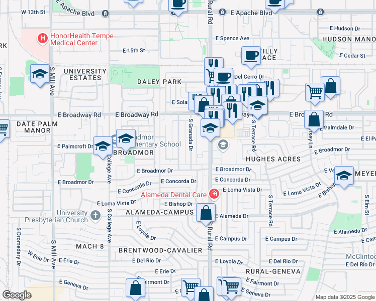 map of restaurants, bars, coffee shops, grocery stores, and more near 2121 South La Rosa Drive in Tempe