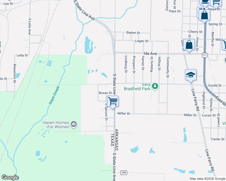 map of restaurants, bars, coffee shops, grocery stores, and more near 105 Lubbock Street in Texarkana