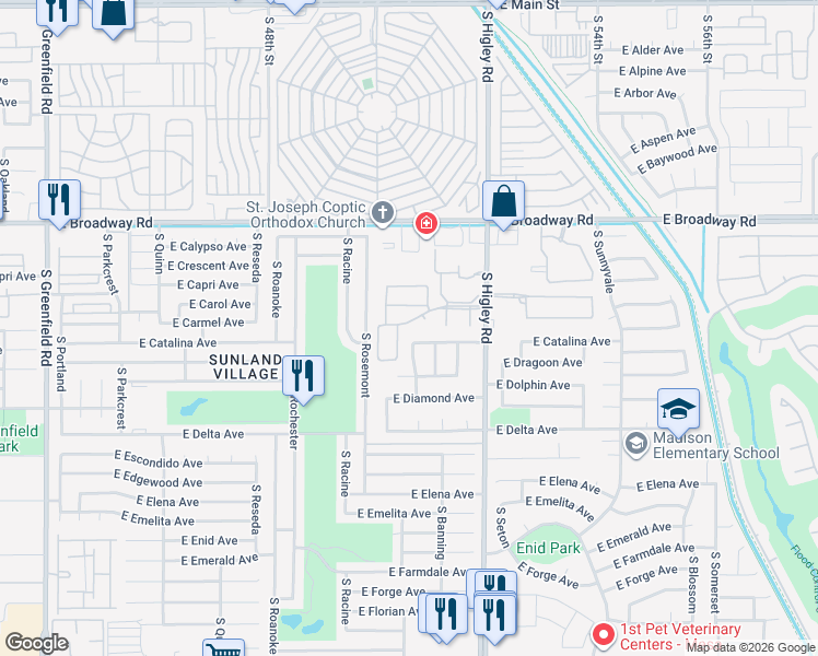 map of restaurants, bars, coffee shops, grocery stores, and more near 542 South Higley Road in Mesa