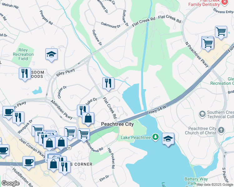map of restaurants, bars, coffee shops, grocery stores, and more near 1 Northlake Circle in Peachtree City