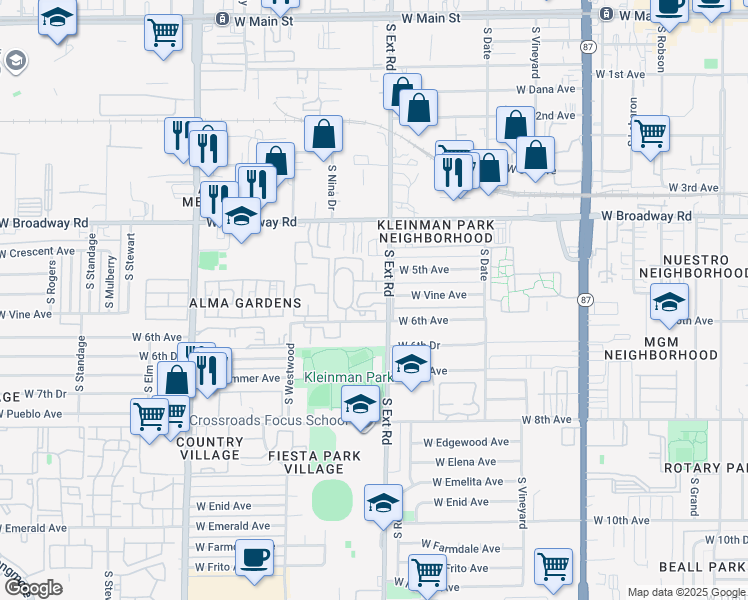 map of restaurants, bars, coffee shops, grocery stores, and more near 542 South Extension Road in Mesa