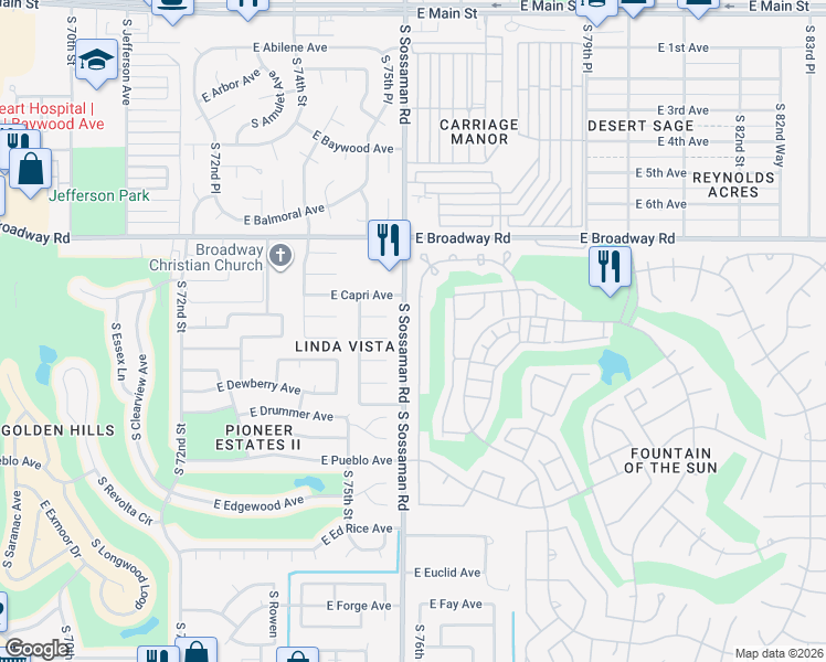 map of restaurants, bars, coffee shops, grocery stores, and more near 544 South 76th Place in Mesa