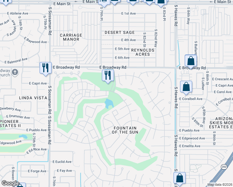 map of restaurants, bars, coffee shops, grocery stores, and more near 540 S 80th St in Mesa