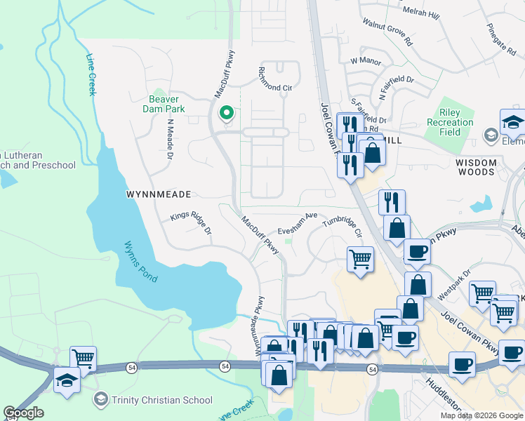 map of restaurants, bars, coffee shops, grocery stores, and more near 720 Gittings Avenue in Peachtree City