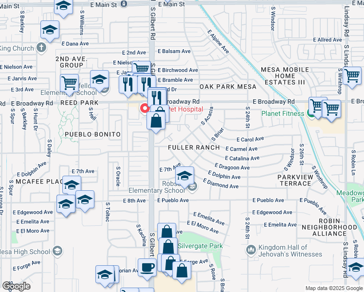 map of restaurants, bars, coffee shops, grocery stores, and more near 2110 East Dolphin Avenue in Mesa
