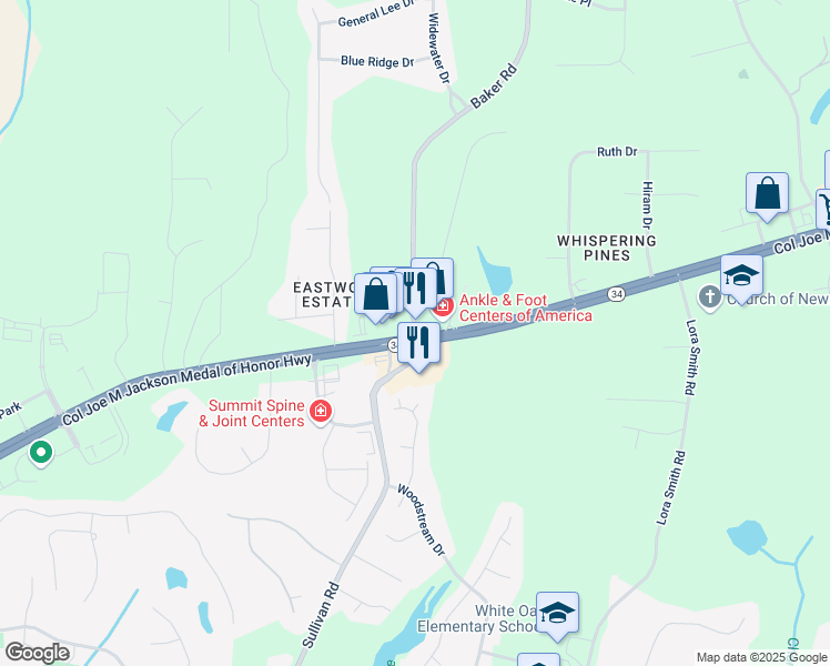 map of restaurants, bars, coffee shops, grocery stores, and more near 10 Baker Road in Newnan