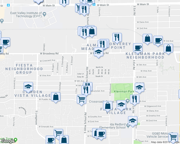 map of restaurants, bars, coffee shops, grocery stores, and more near South Alma Meadows Mobile Home Park in Mesa