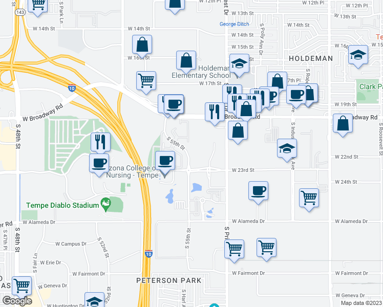 map of restaurants, bars, coffee shops, grocery stores, and more near 154 West Fiesta Drive in Tempe