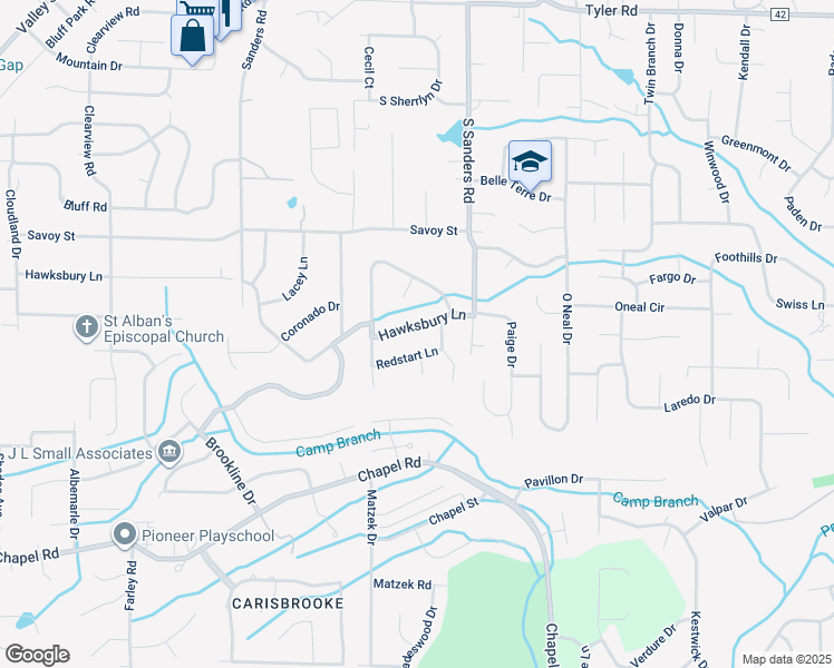 map of restaurants, bars, coffee shops, grocery stores, and more near 2518 Hawksbury Lane in Birmingham